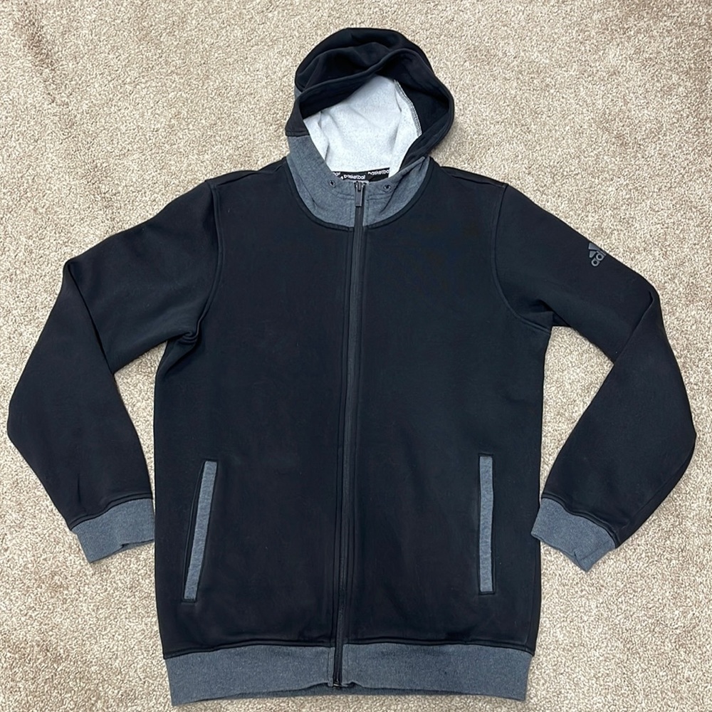 Men's Adidas Basketball Black Zipper Jacket with Hood Size Medium
